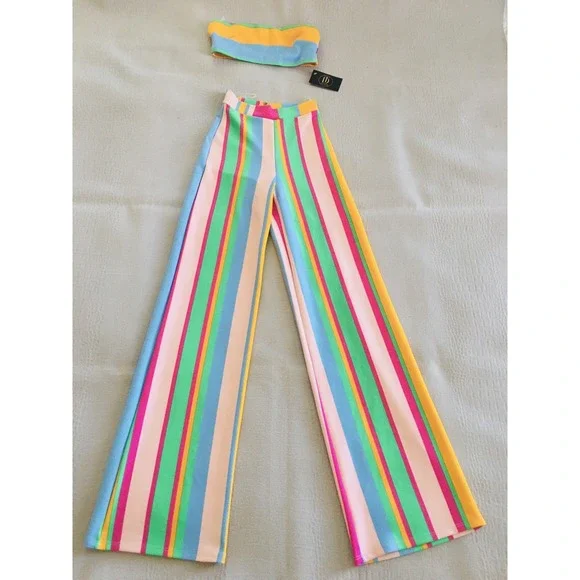 Touchdolls Two Piece Crop Top Bell Bottom Pants Set Size 2 XS Stripe Stretch - Picture 2 of 16